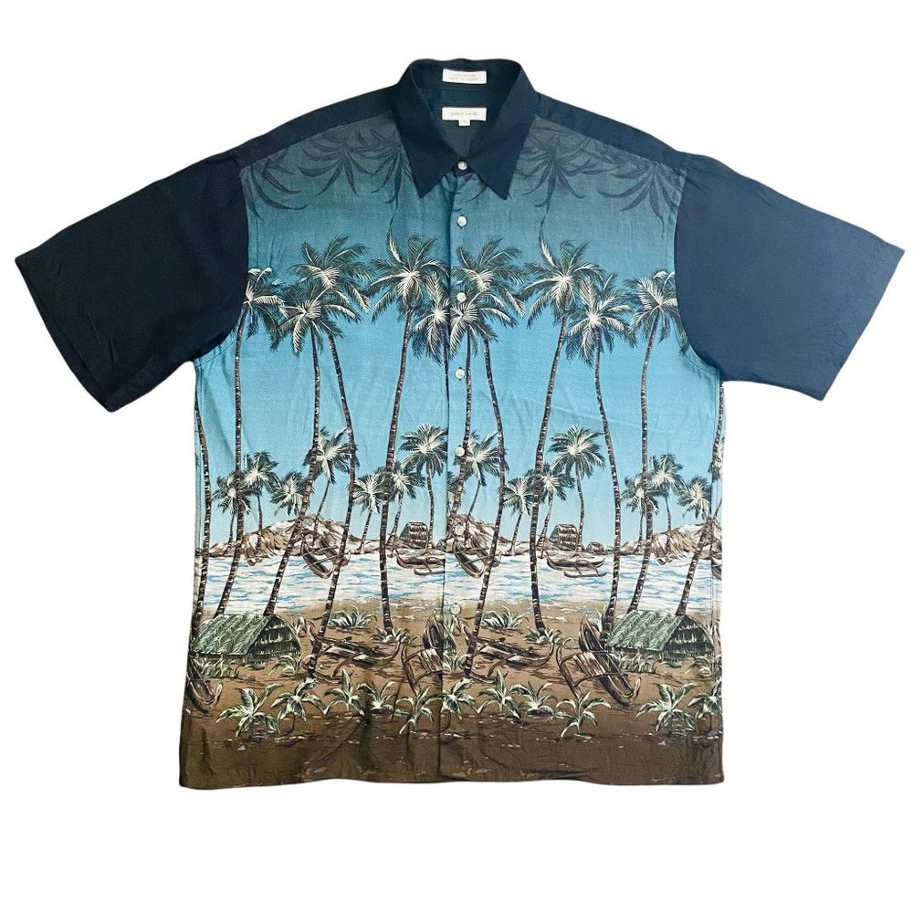 Vintage Pierre Cardin Mens L Hawaiian Tropical Ocean Button Up Shirt Retro